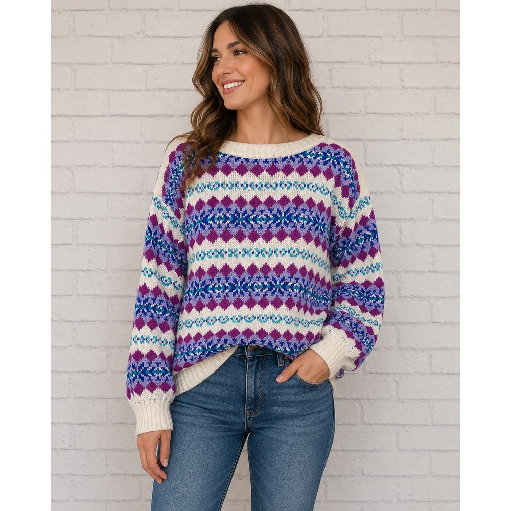 Vintage Fair Isle Geometric Knit Sweater Purple Blue White Size L Pullover